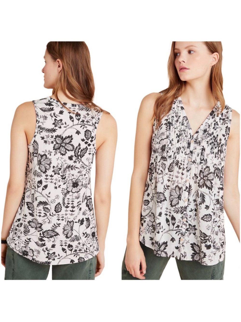 Maeve by Anthropologie Bailee Pleated Top Cream Black Floral Medium